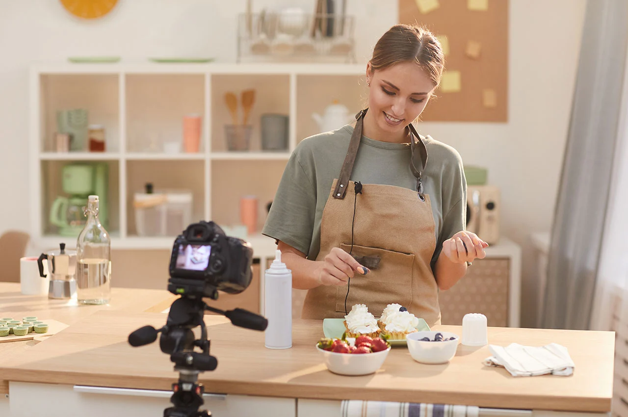 Home cooking demo with camera setup for online cooking course