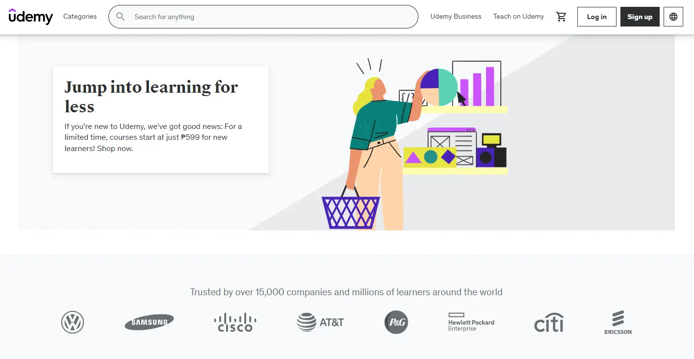 Udemy course promotion and marketplace sale graphic showing online learning promotion